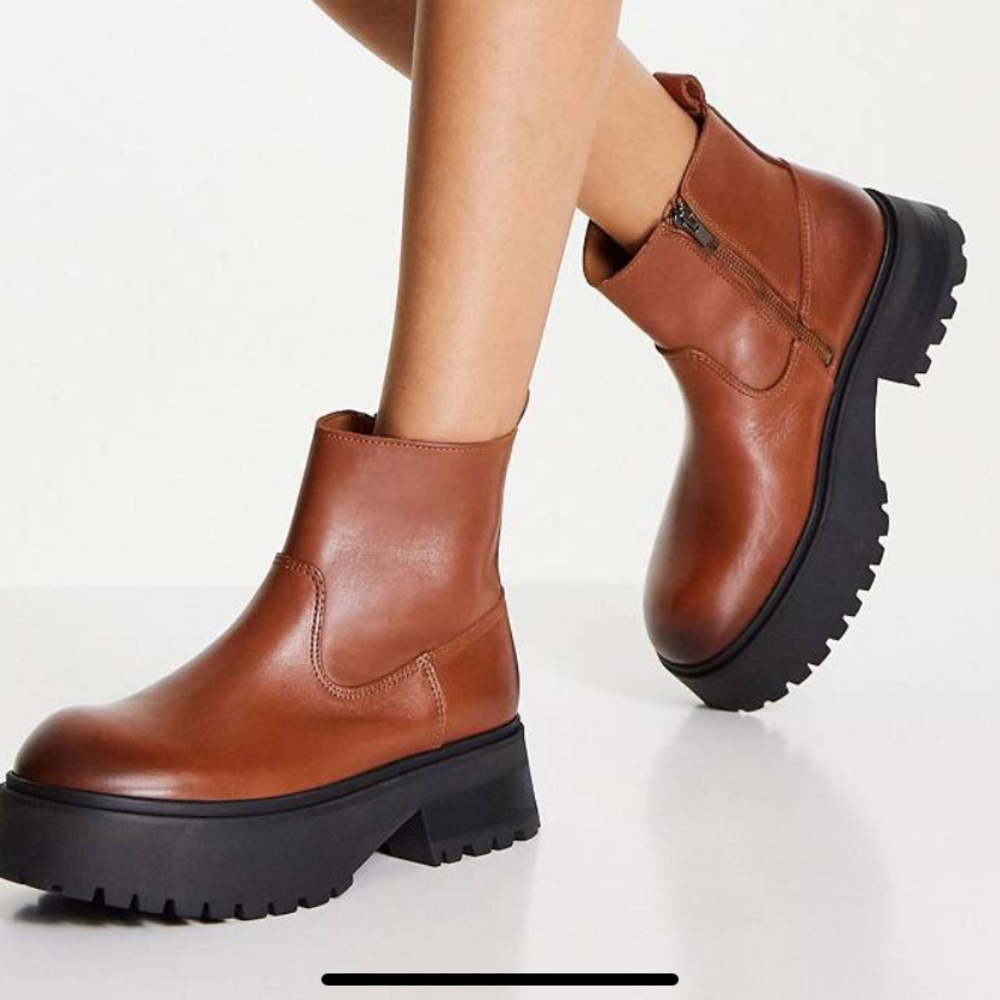Mango Leather Ankle Boots COGNAC Brown  SIZE 8.5  •NEW•